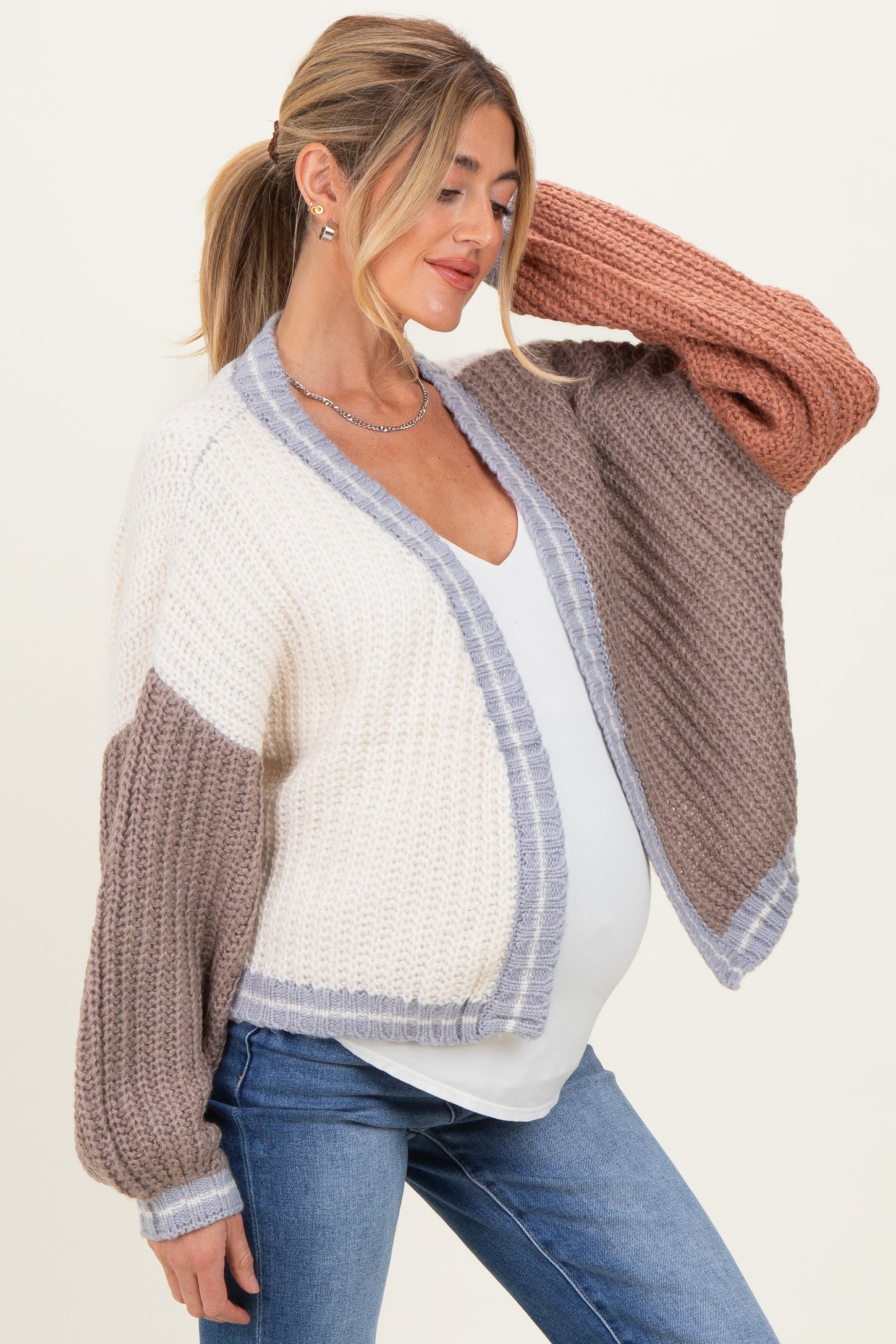 Cream/Mocha Oversized Color Block Maternity Cardigan