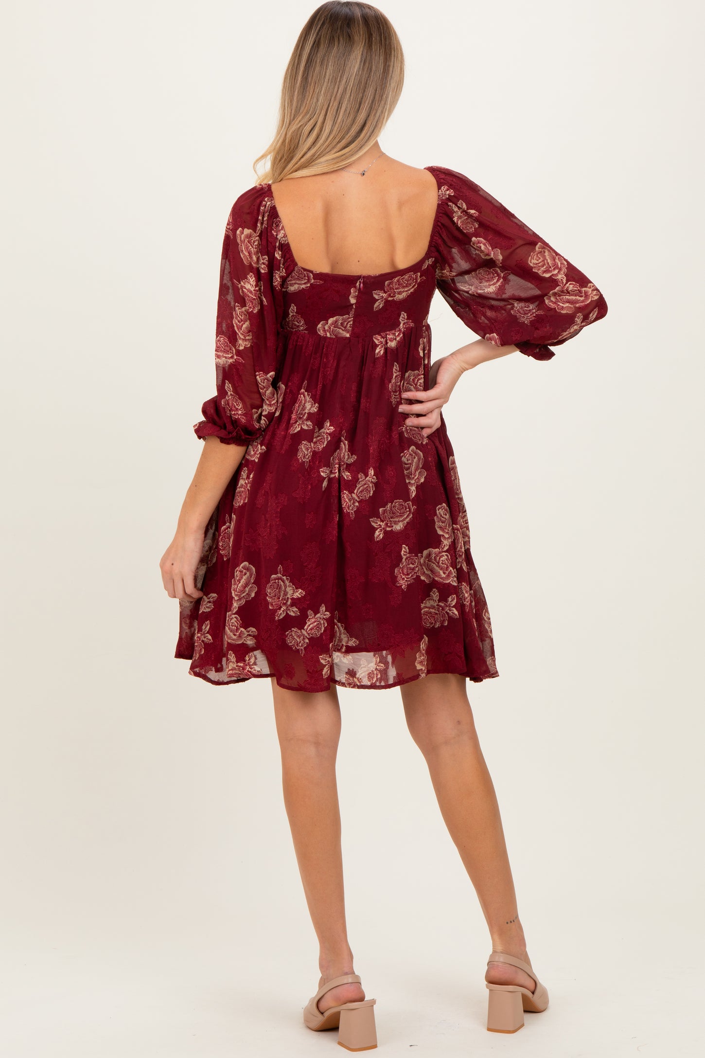 Burgundy Floral Jacquard 3/4 Sleeve Maternity Dress