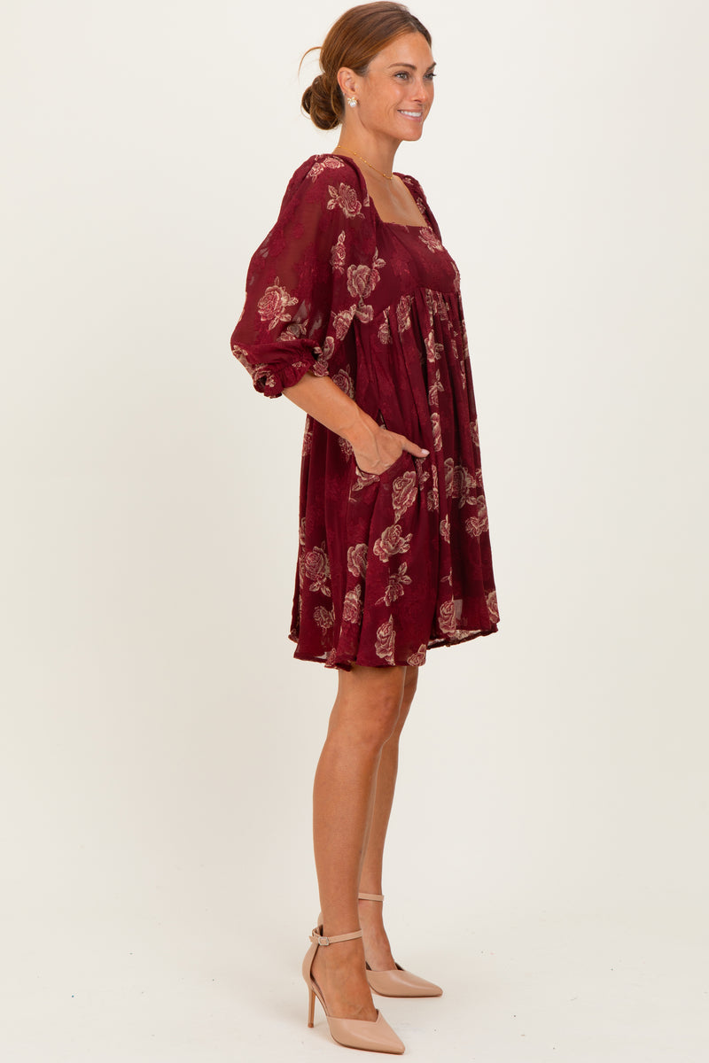 Burgundy Floral Jacquard 3/4 Sleeve Dress – PinkBlush