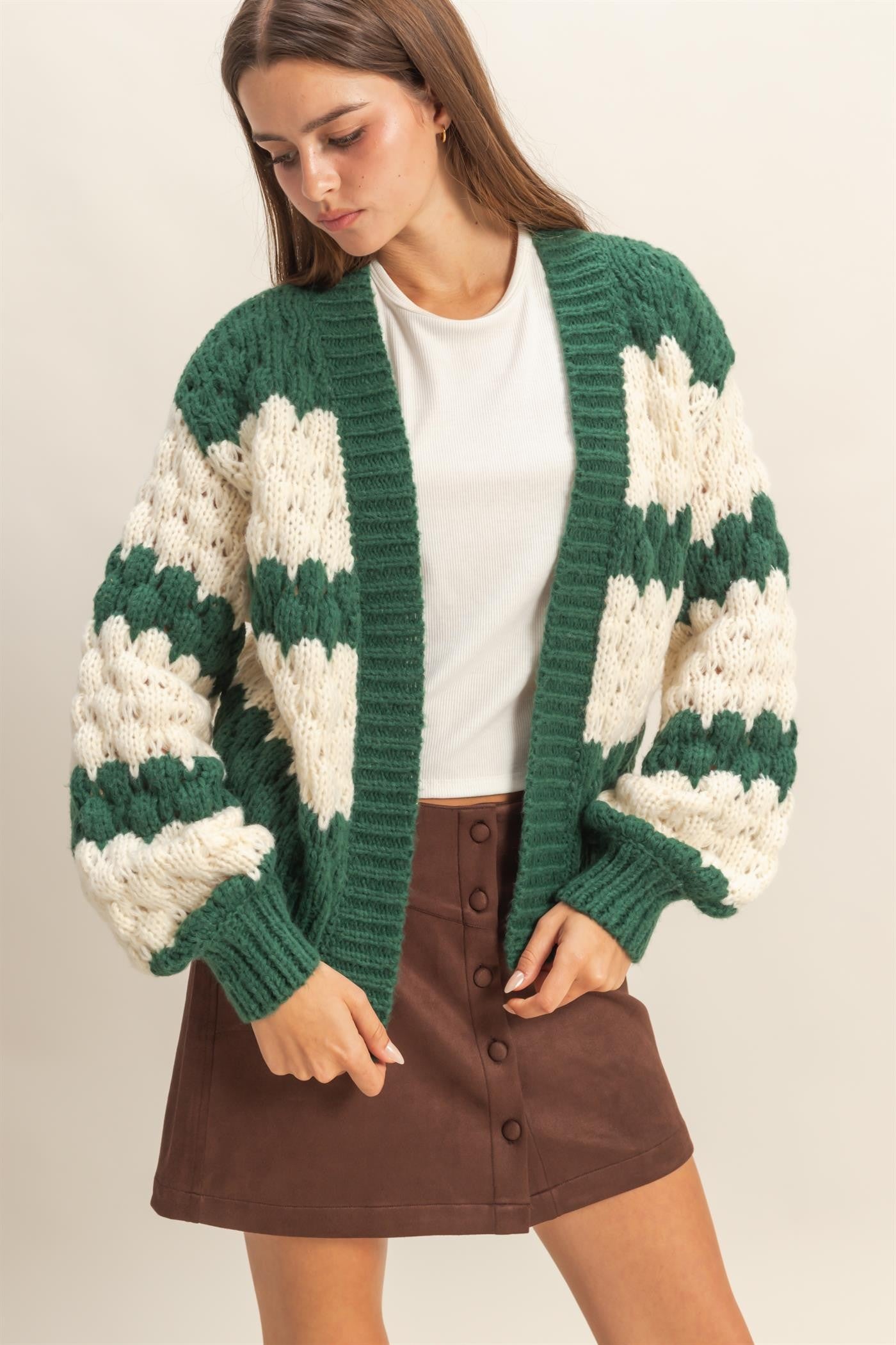 Green Oversized Cloud Pattern Knit Cardigan
