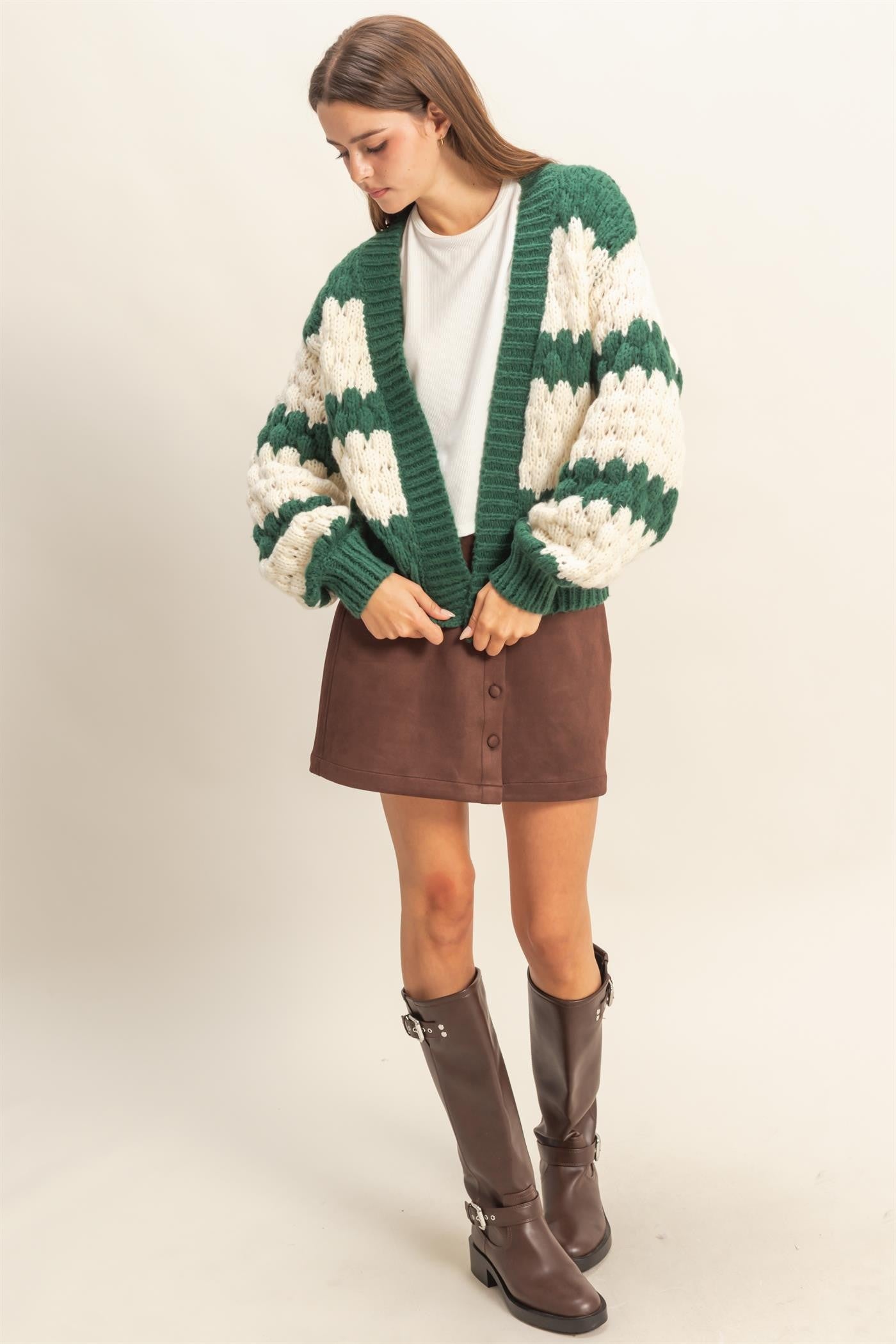 Green Oversized Cloud Pattern Knit Cardigan