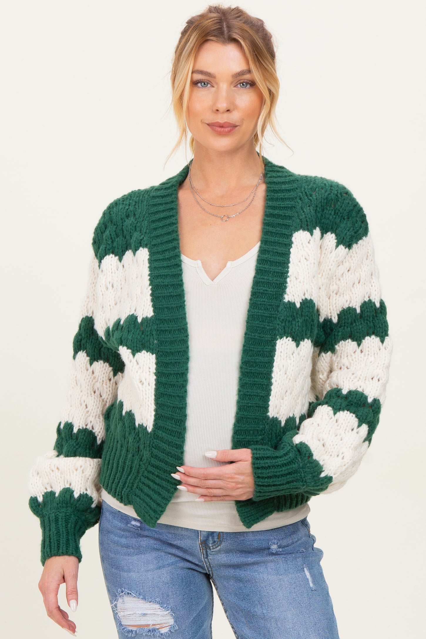 Green Oversized Cloud Pattern Knit Maternity Cardigan