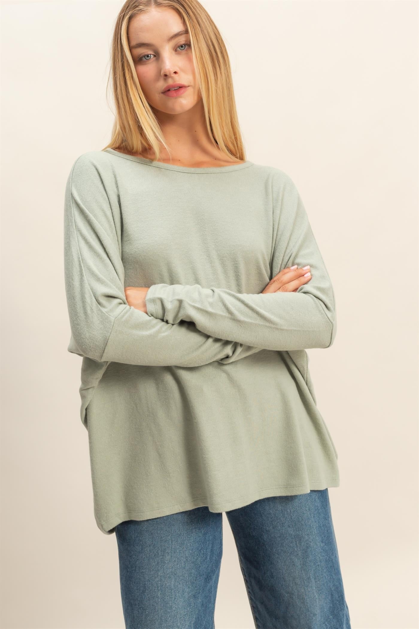 Sage Green Relaxed Fit Dolman Long Sleeve Top