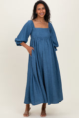 Blue Textured 3/4 Puff Sleeve Maternity Maxi Dress