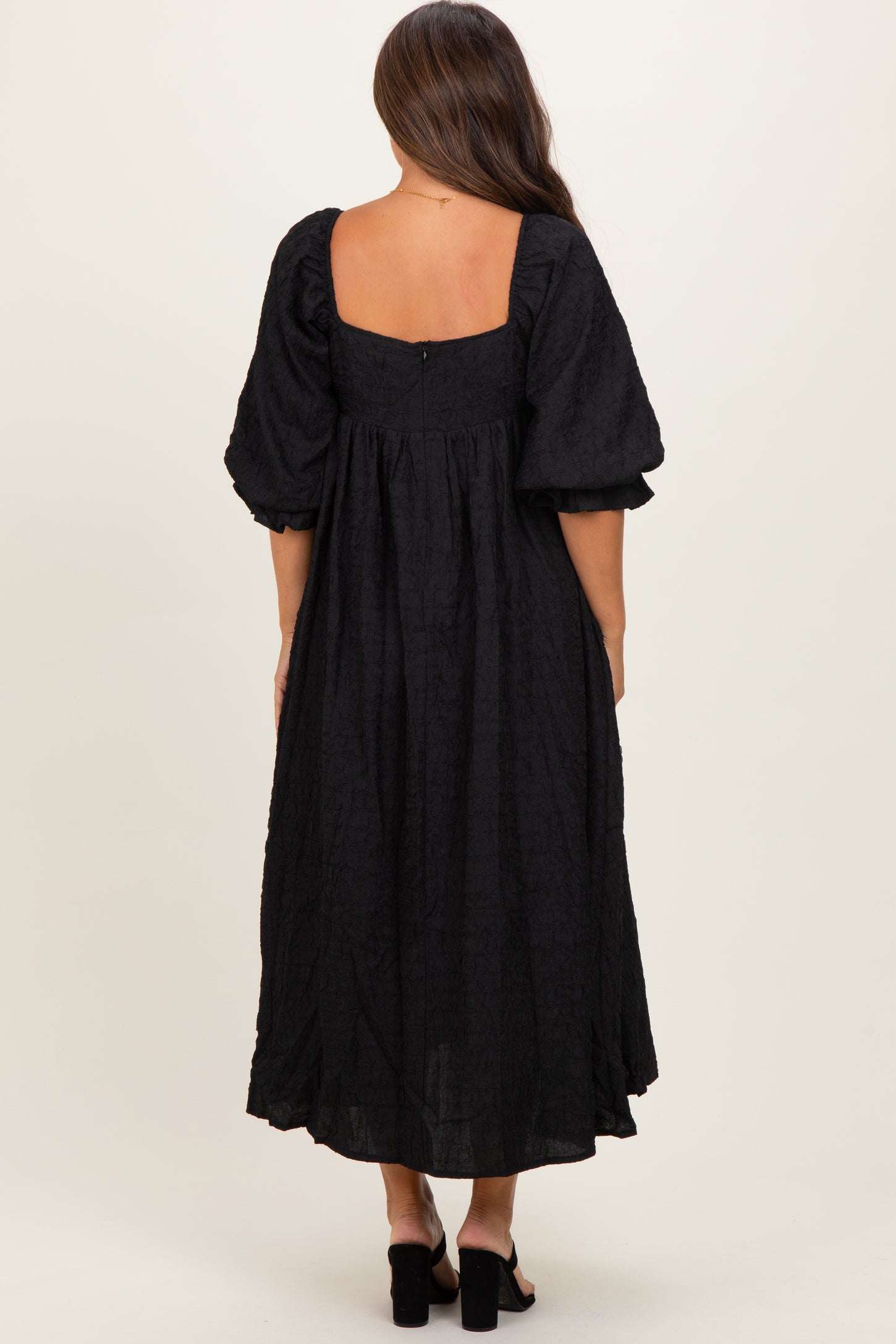 Black Textured 3/4 Puff Sleeve Maternity Maxi Dress