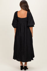 Black Textured 3/4 Puff Sleeve Maternity Maxi Dress