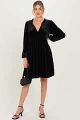 Black Velvet Button Up V-Neck Maternity Dress