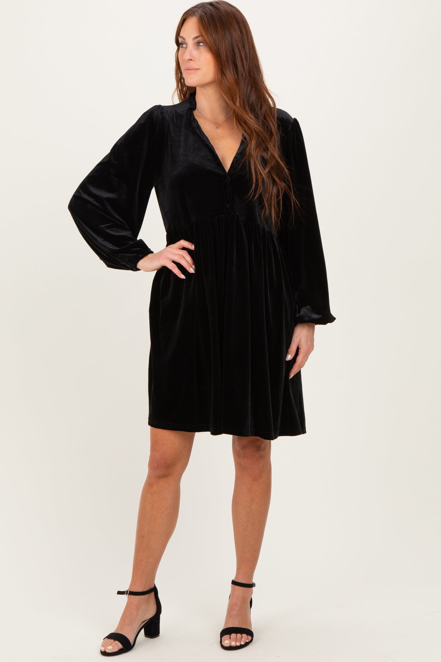 Black Velvet Button Up V-Neck Dress Black Velvet Button Up V-Neck Dress