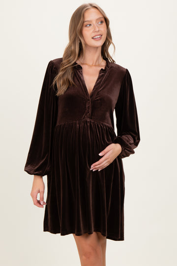 Brown Velvet Button Up V-Neck Maternity Dress