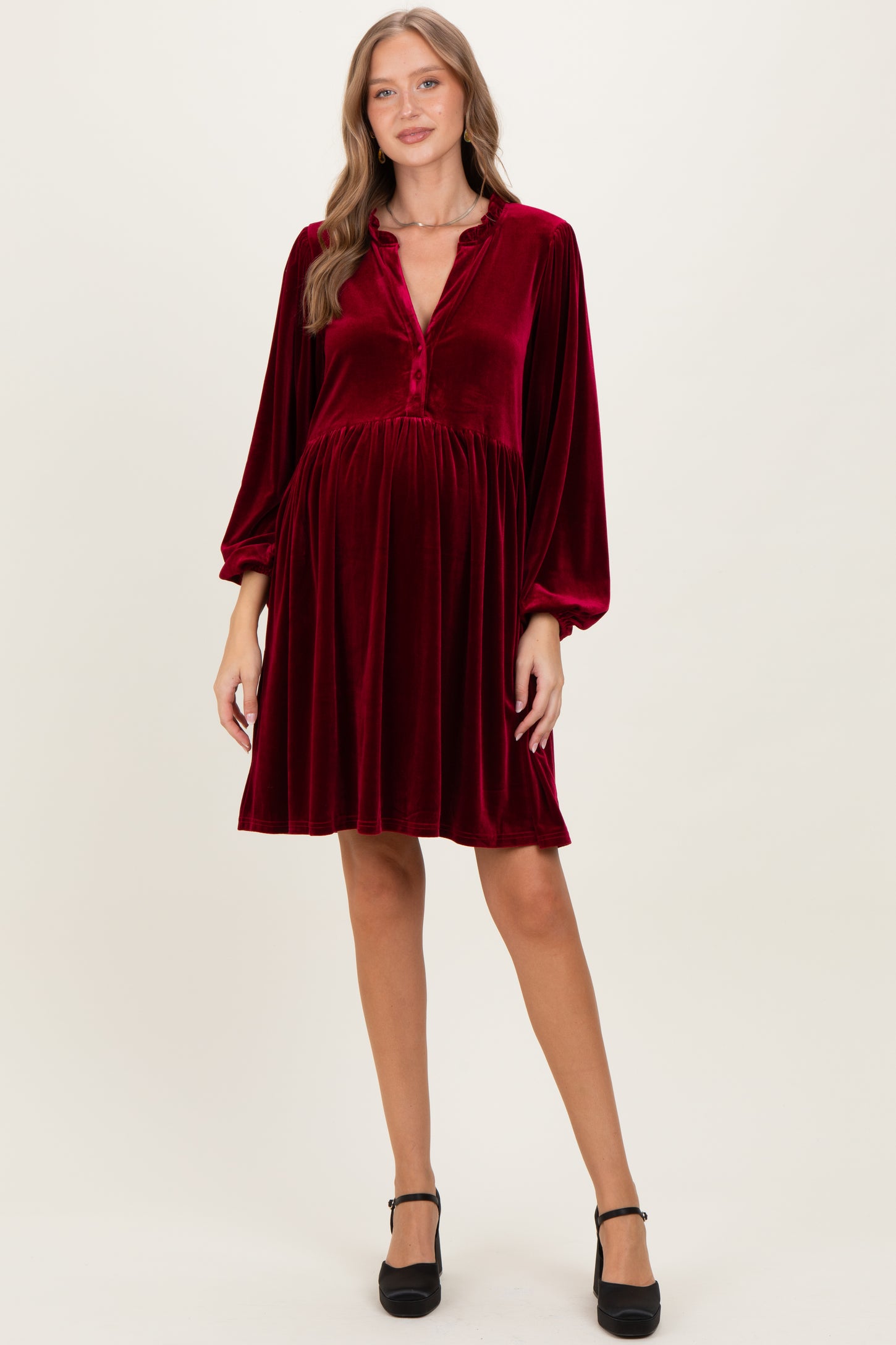 Burgundy Velvet Button Up V-Neck Maternity Dress Burgundy Velvet Button Up V-Neck Maternity Dress