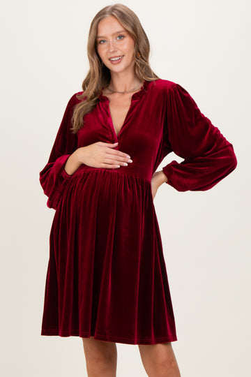 Burgundy Velvet Button Up V-Neck Maternity Dress