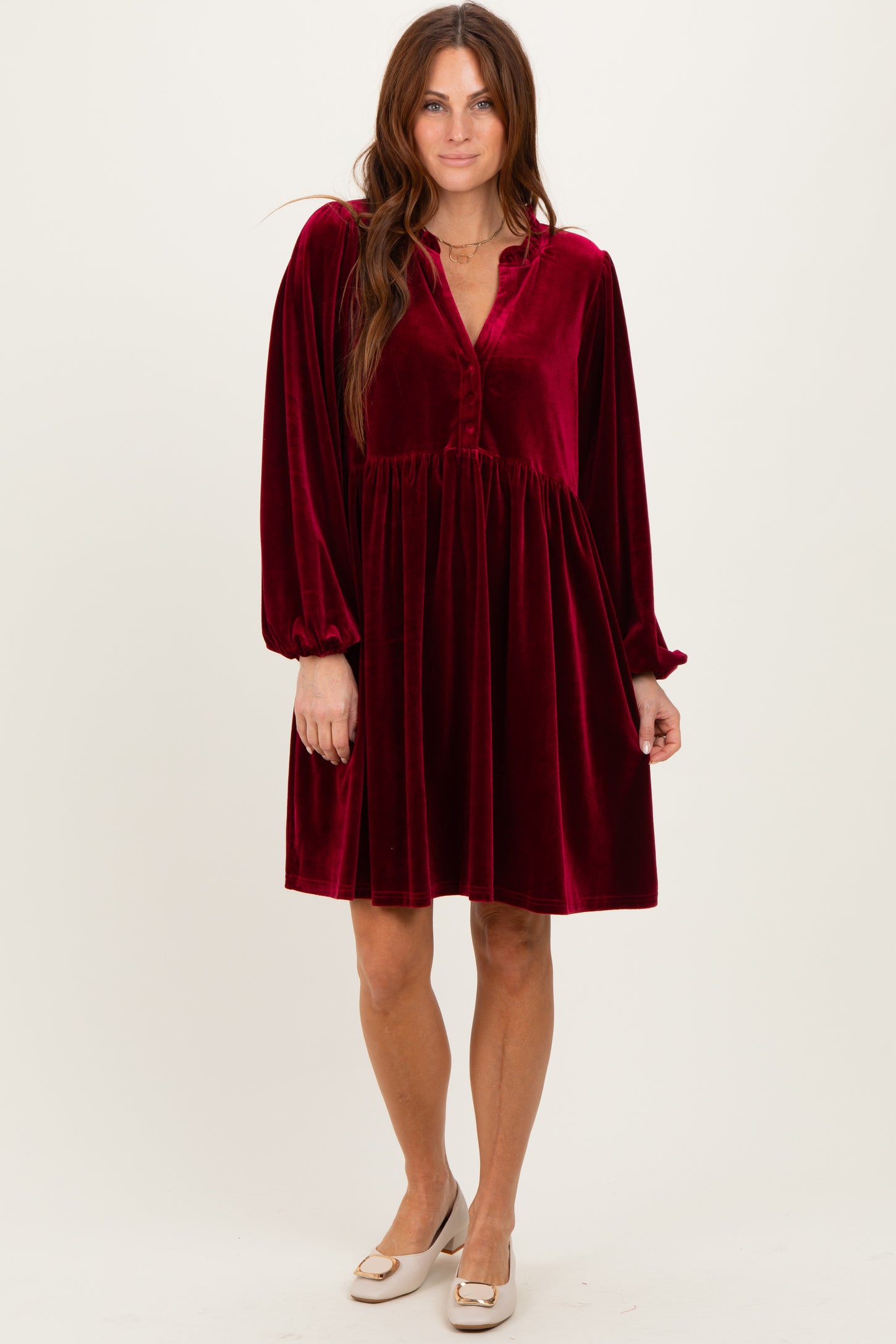 Burgundy Velvet Button Up V-Neck Dress