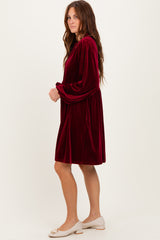 Burgundy Velvet Button Up V-Neck Dress