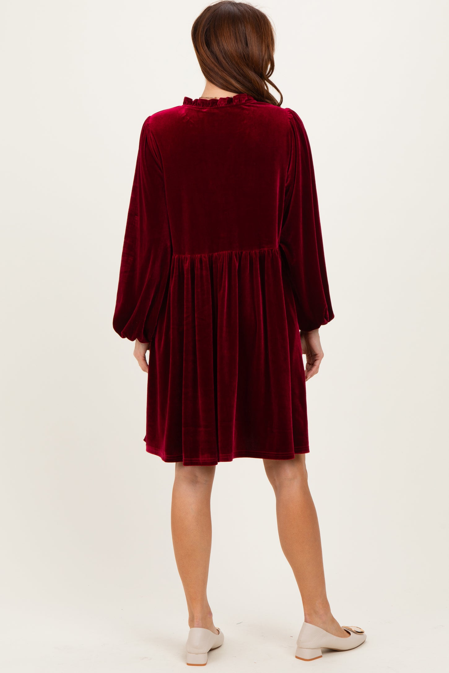 Burgundy Velvet Button Up V-Neck Dress