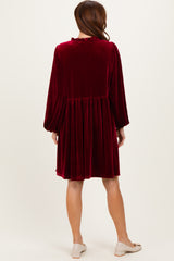 Burgundy Velvet Button Up V-Neck Dress