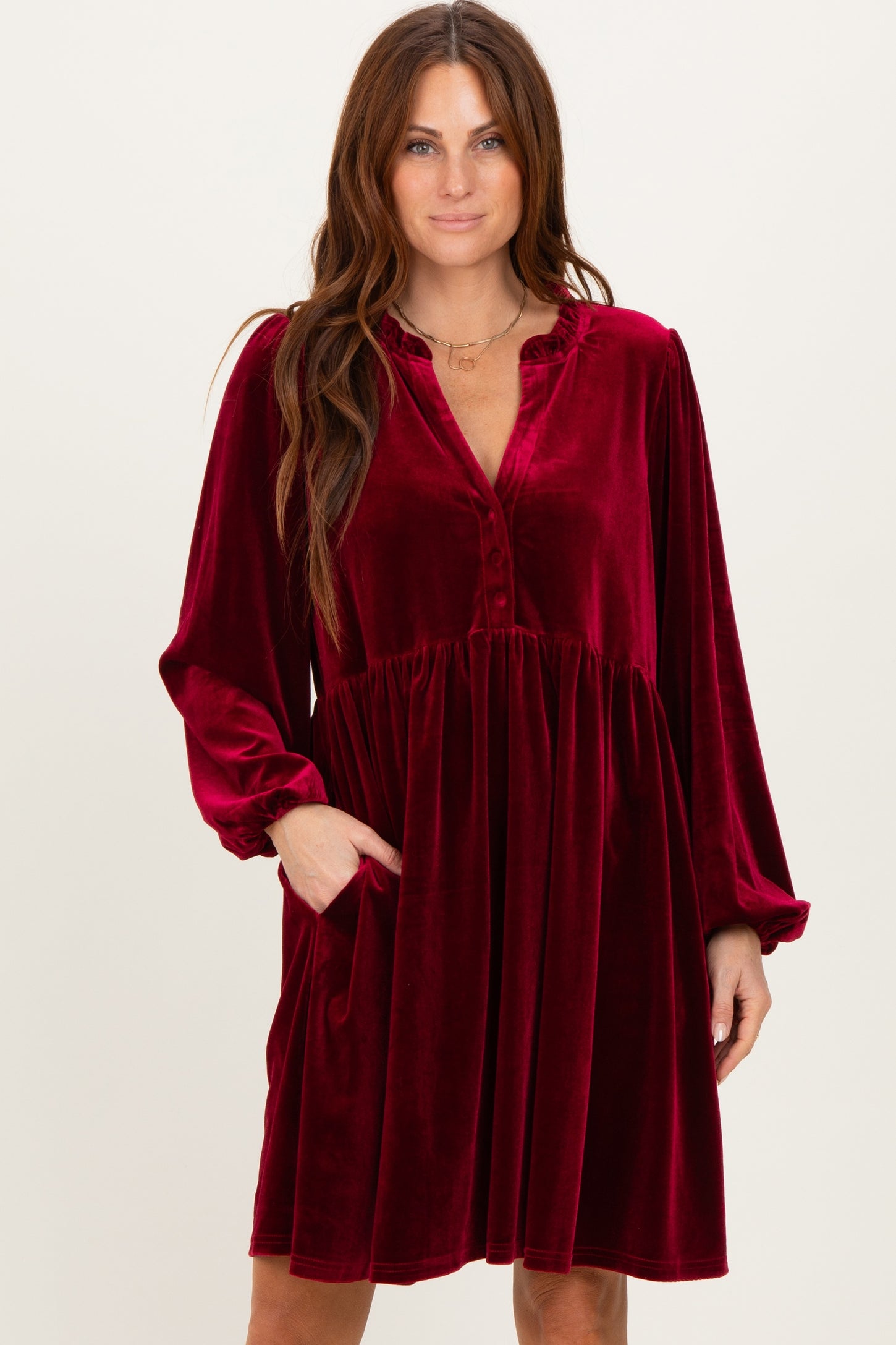 Burgundy Velvet Button Up V-Neck Dress