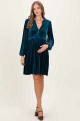 Deep Teal Velvet Button Up V-Neck Maternity Dress