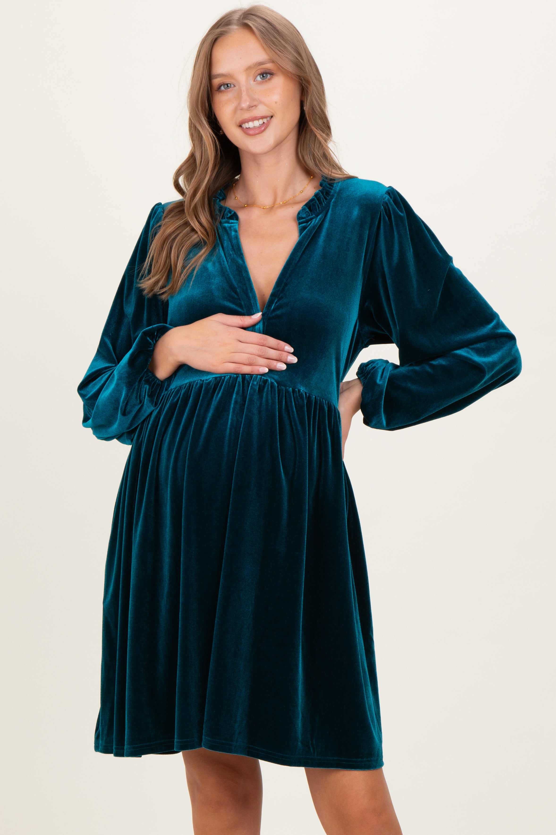 teal velvet long sleeve dress Deep Teal Velvet Button Up V-Neck Maternity Dress