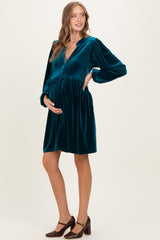 Deep Teal Velvet Button Up V-Neck Maternity Dress