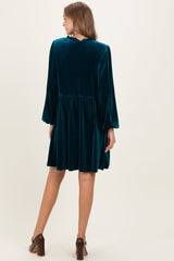 Deep Teal Velvet Button Up V-Neck Maternity Dress