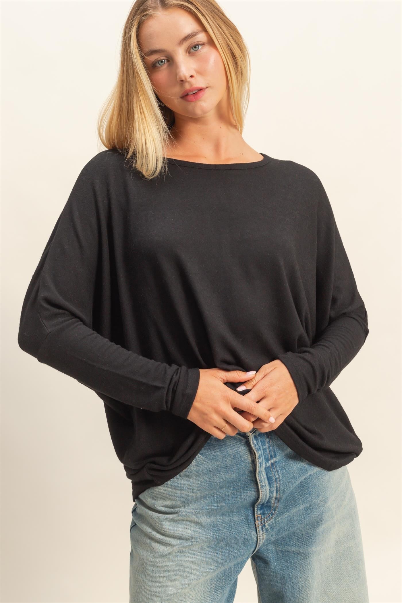 Black Relaxed Fit Dolman Long Sleeve Top
