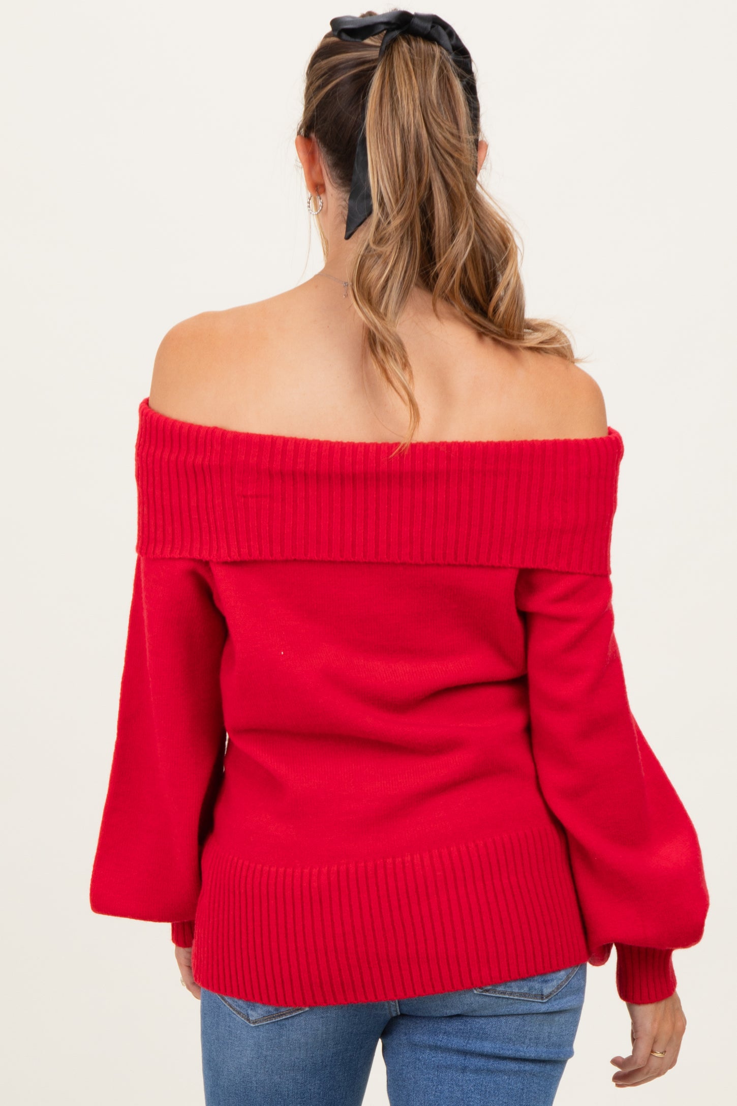 Red Off Shoulder Maternity Sweater