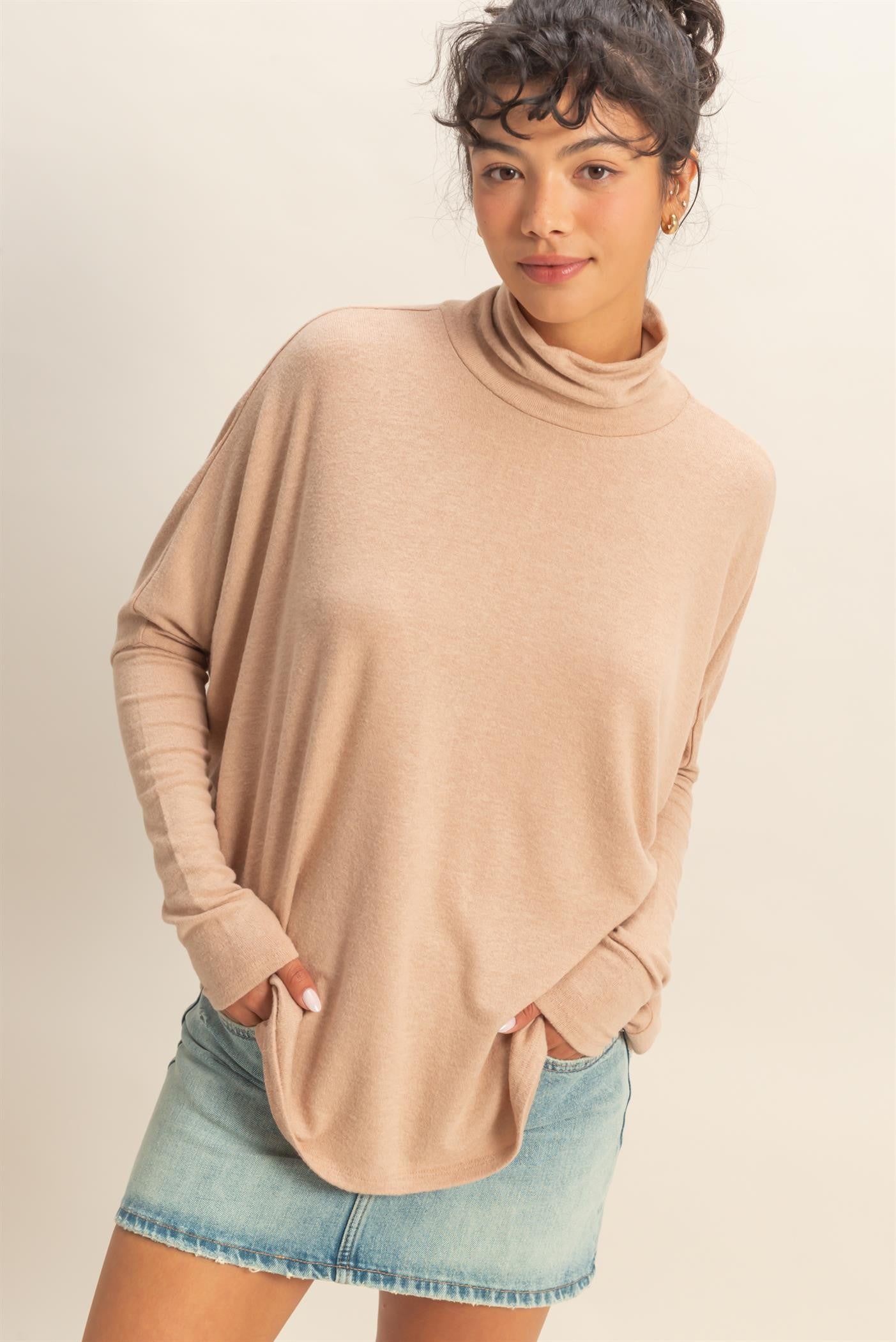 Taupe Draped Oversized Turtleneck Dolman Sleeve Top