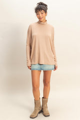 Taupe Draped Oversized Turtleneck Dolman Sleeve Top