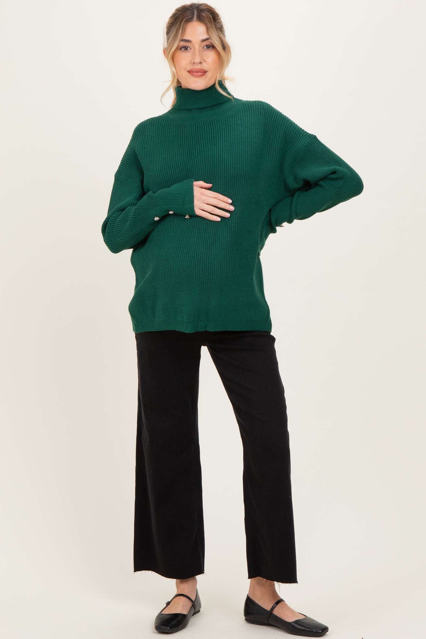 Forest Green Button Accent Turtleneck Maternity Sweater