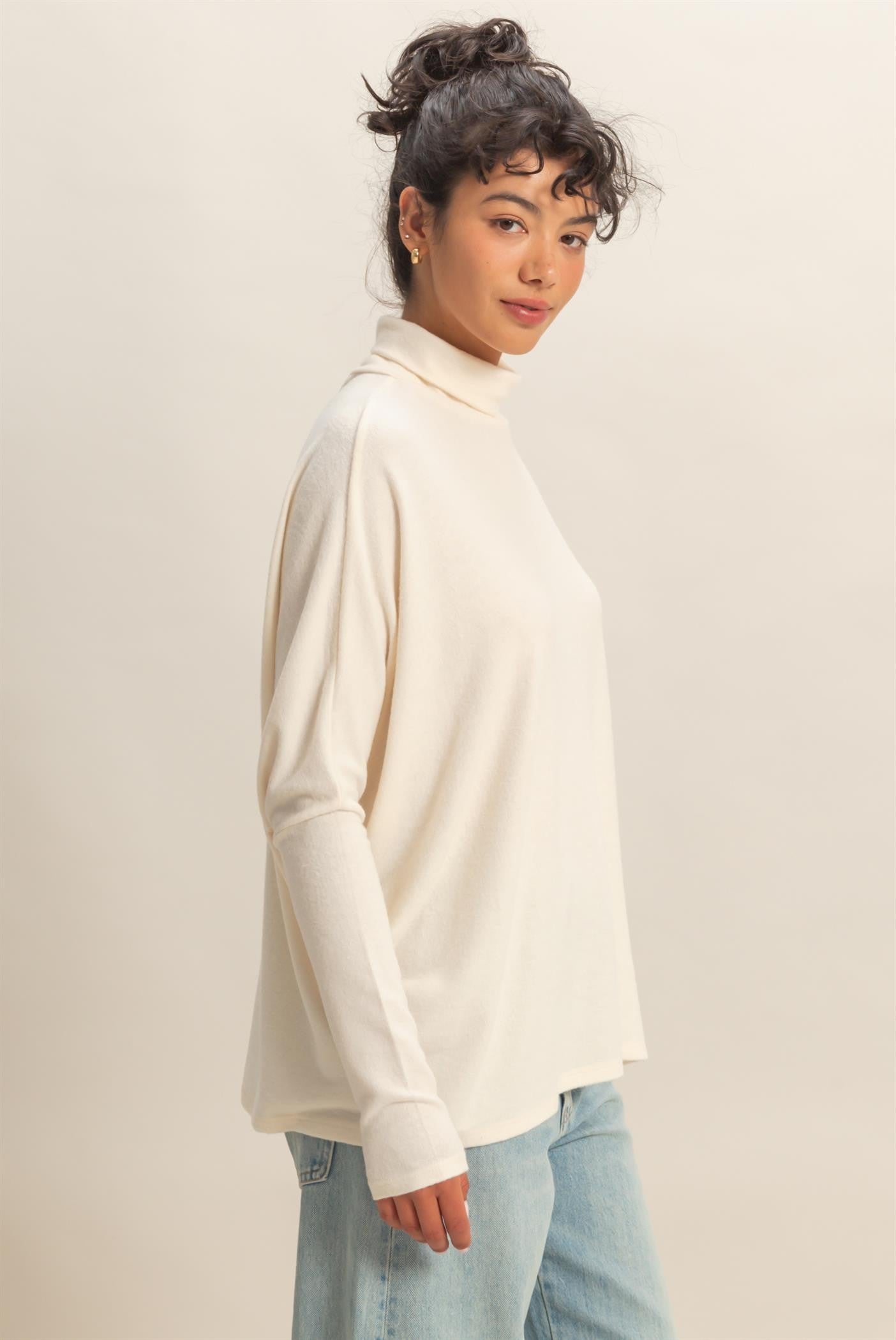 Cream Draped Oversized Turtleneck Dolman Sleeve Top