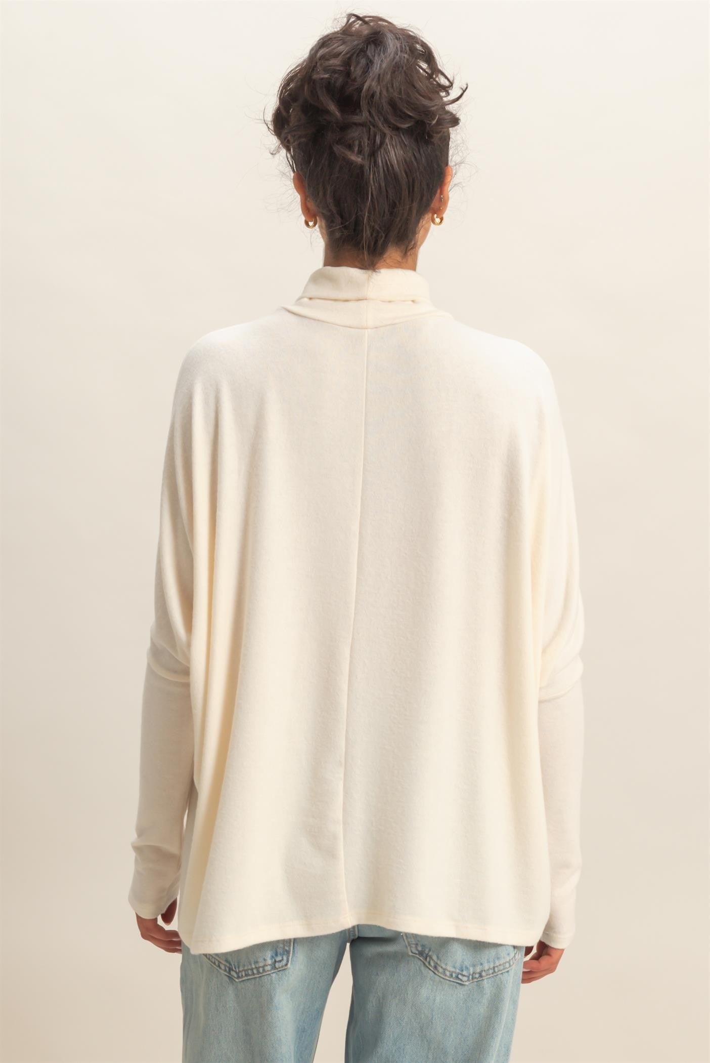 Cream Draped Oversized Turtleneck Dolman Sleeve Top