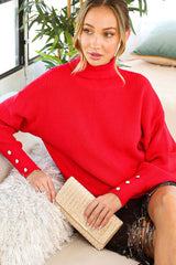 Red Button Accent Turtleneck Maternity Sweater