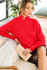 Red Button Accent Turtleneck Sweater
