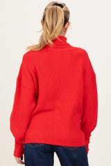 Red Button Accent Turtleneck Maternity Sweater