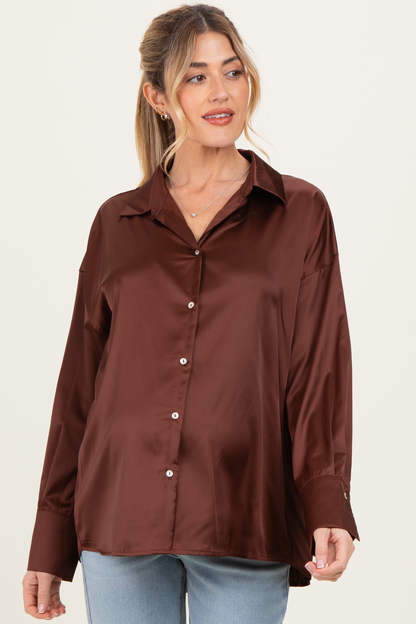 Brown Satin Button Up Maternity Blouse