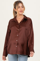 Brown Satin Button Up Maternity Blouse