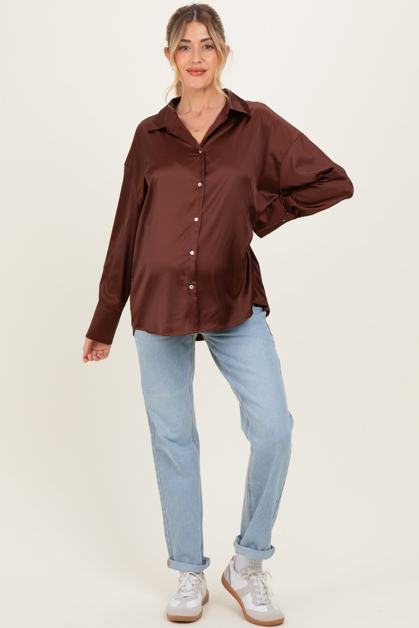 Brown Satin Button Up Maternity Blouse