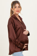 Brown Satin Button Up Maternity Blouse