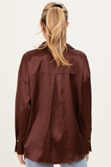 Brown Satin Button Up Maternity Blouse