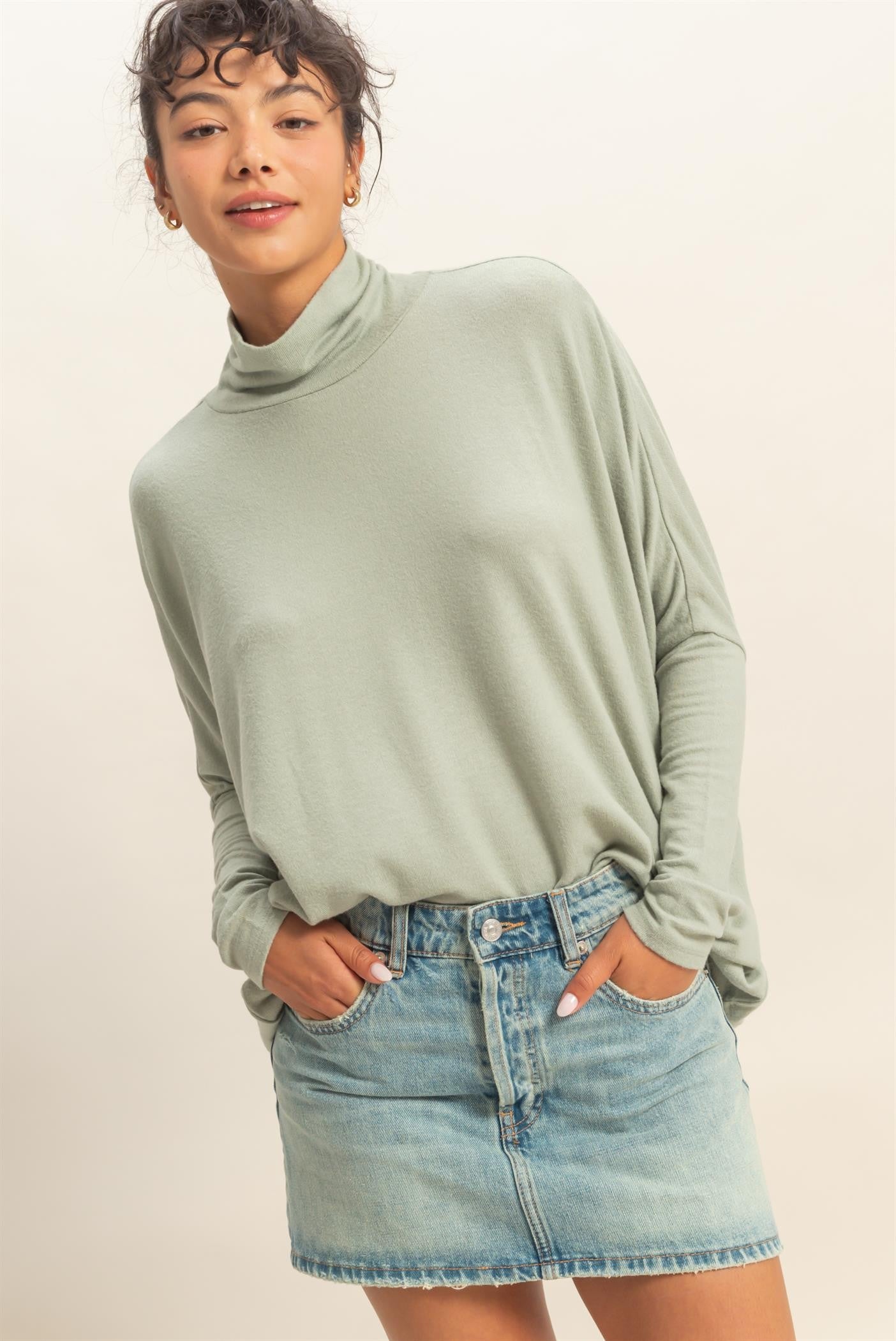 Sage Draped Oversized Turtleneck Dolman Sleeve Maternity Top