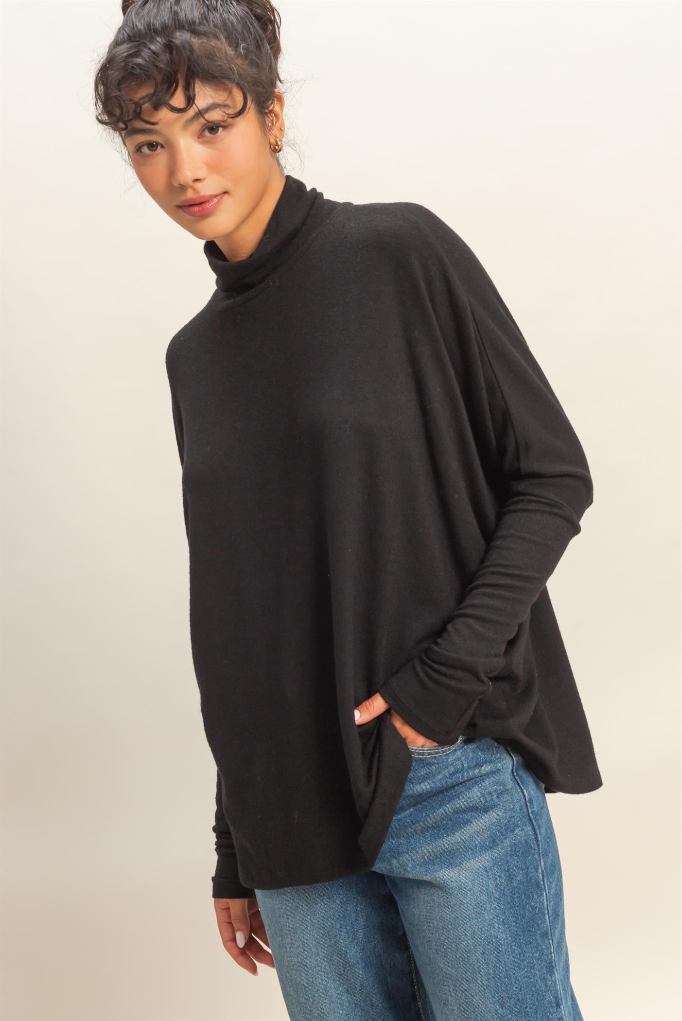Black Draped Oversized Turtleneck Dolman Sleeve Top