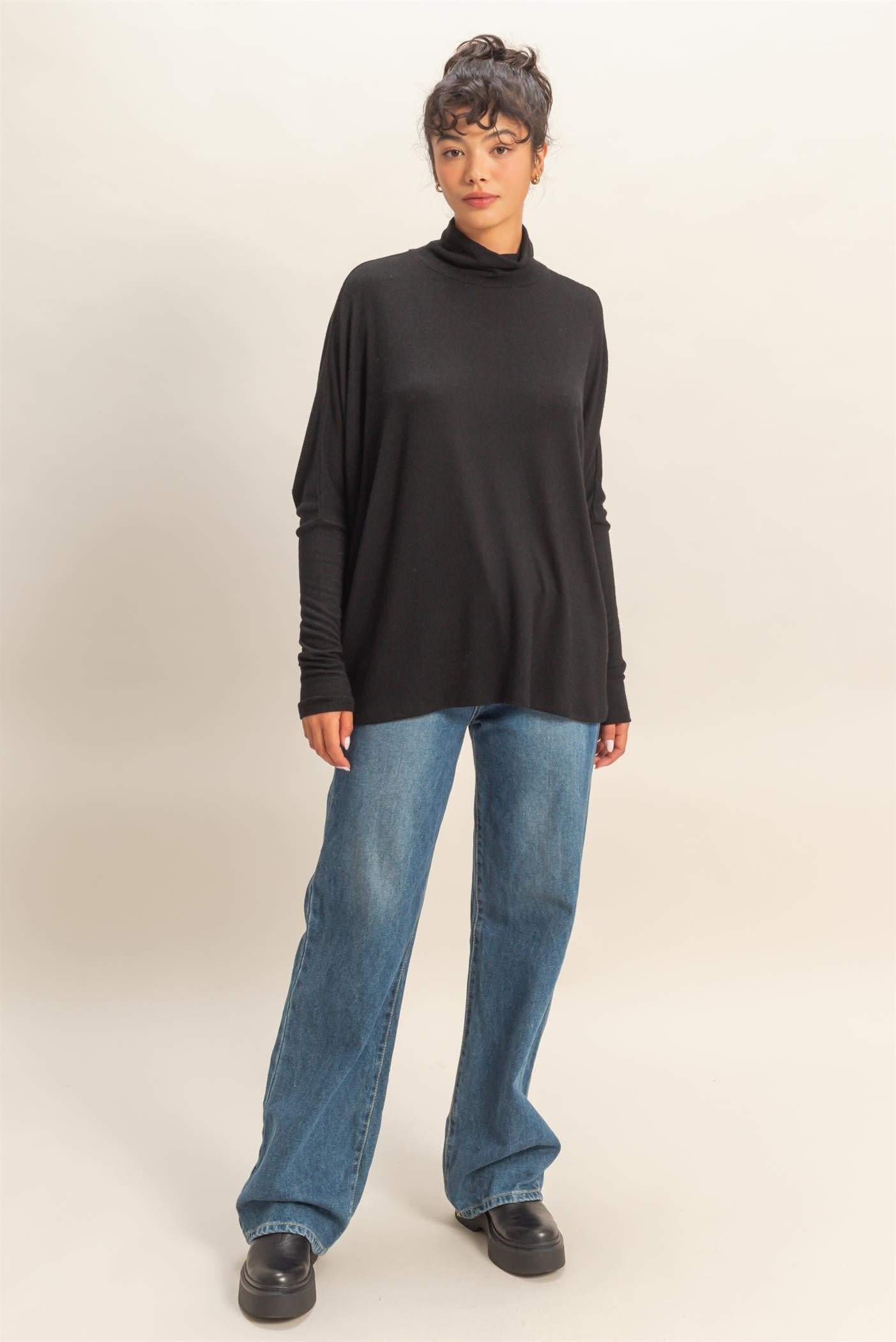 Black Draped Oversized Turtleneck Dolman Sleeve Top