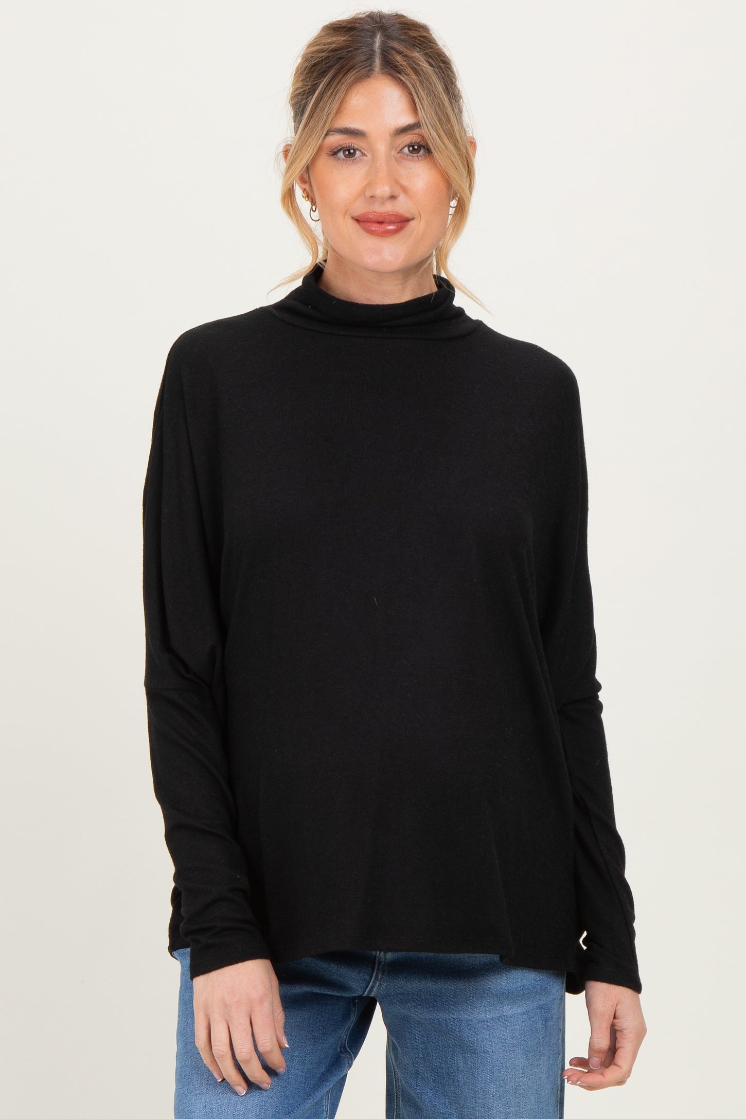 Black Draped Oversized Turtleneck Dolman Sleeve Maternity Top