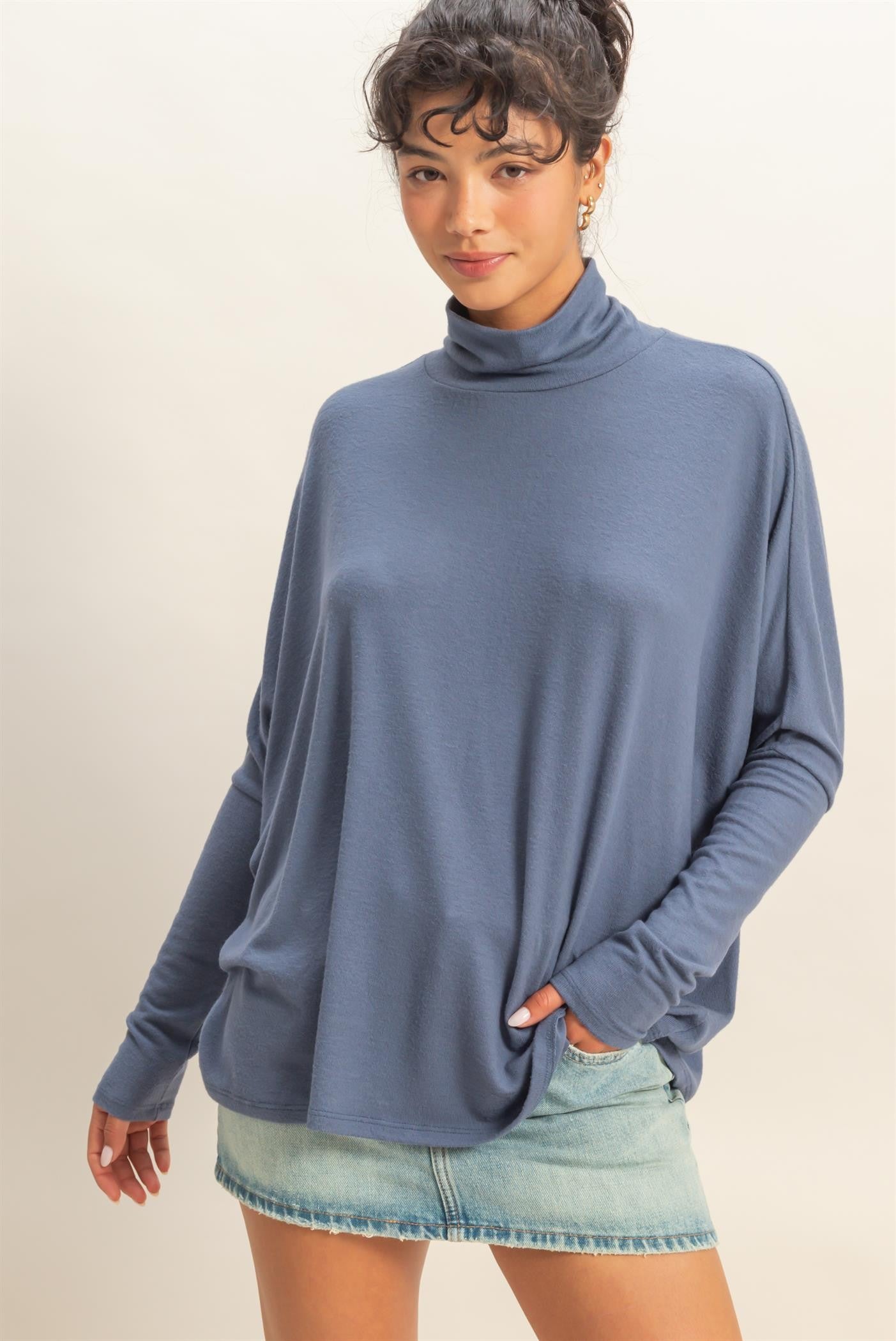 Navy Draped Oversized Turtleneck Dolman Sleeve Maternity Top