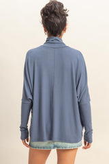 Navy Draped Oversized Turtleneck Dolman Sleeve Top
