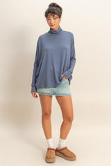 Navy Draped Oversized Turtleneck Dolman Sleeve Top
