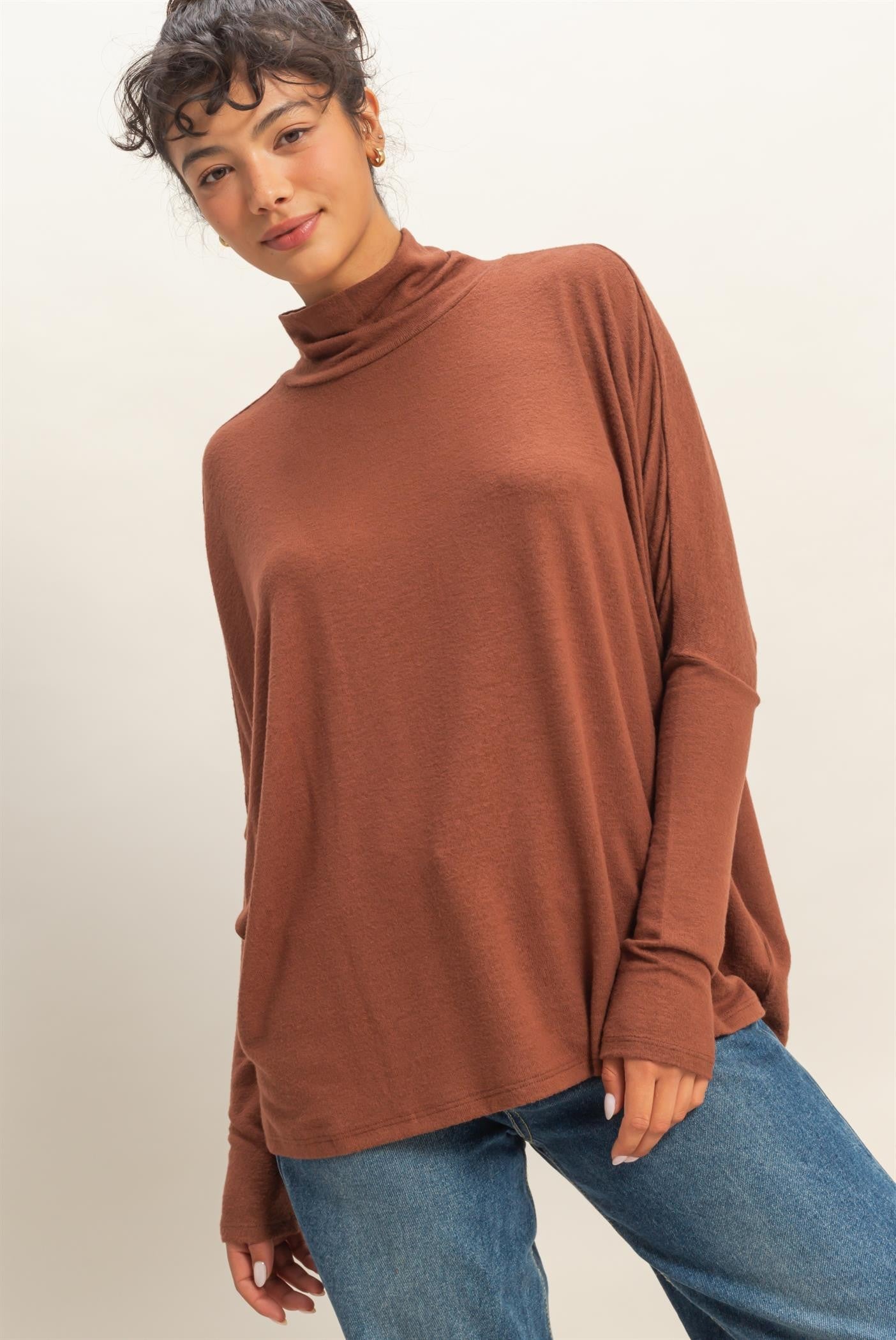 Rust Draped Oversized Turtleneck Dolman Sleeve Top