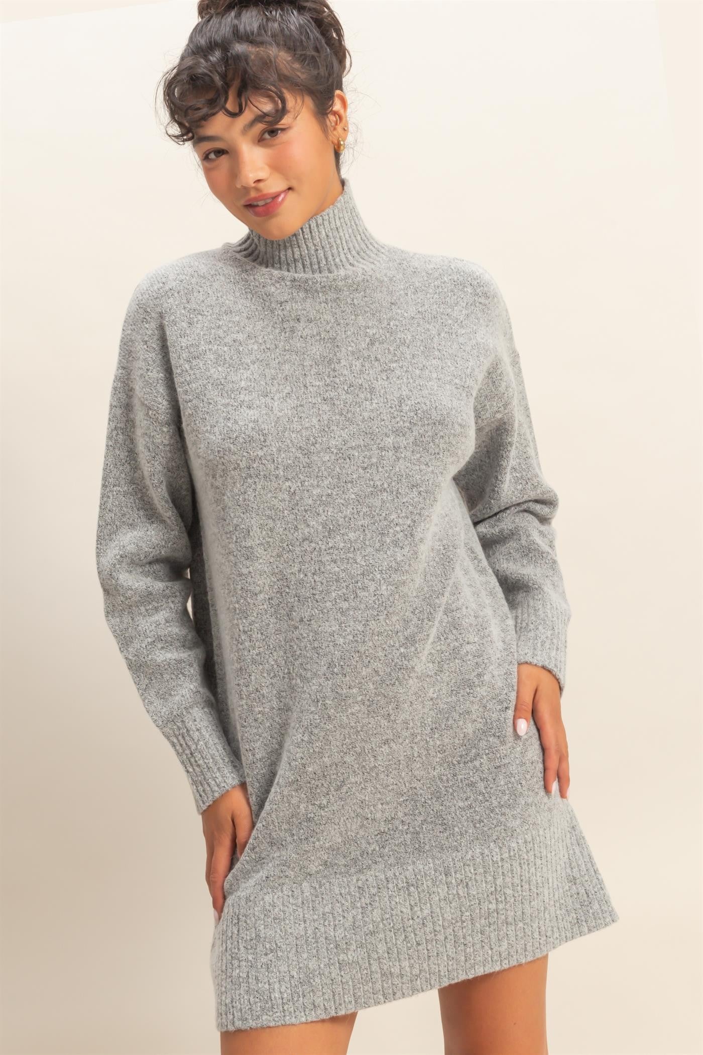 grey high neck mini dress Cap Sleeve High Neck Pocket Detail Mini Dress In Grey Wool-Look | EGO EU