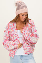 Pink Multicolor Chunky Knit Open Front Cardigan