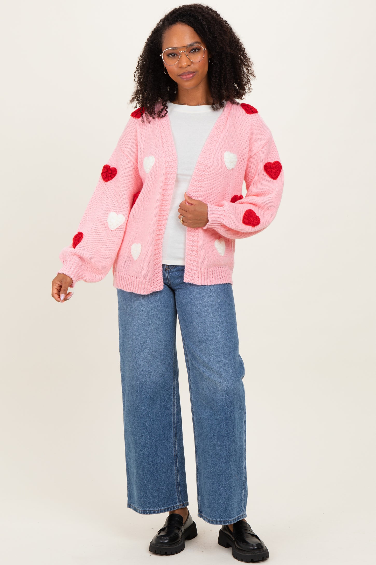 Light Pink Crochet Heart Patch Maternity Cardigan